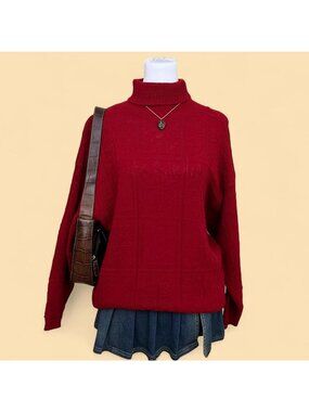90s red geometric quirky cottagecore granny acrylic turtleneck sweater